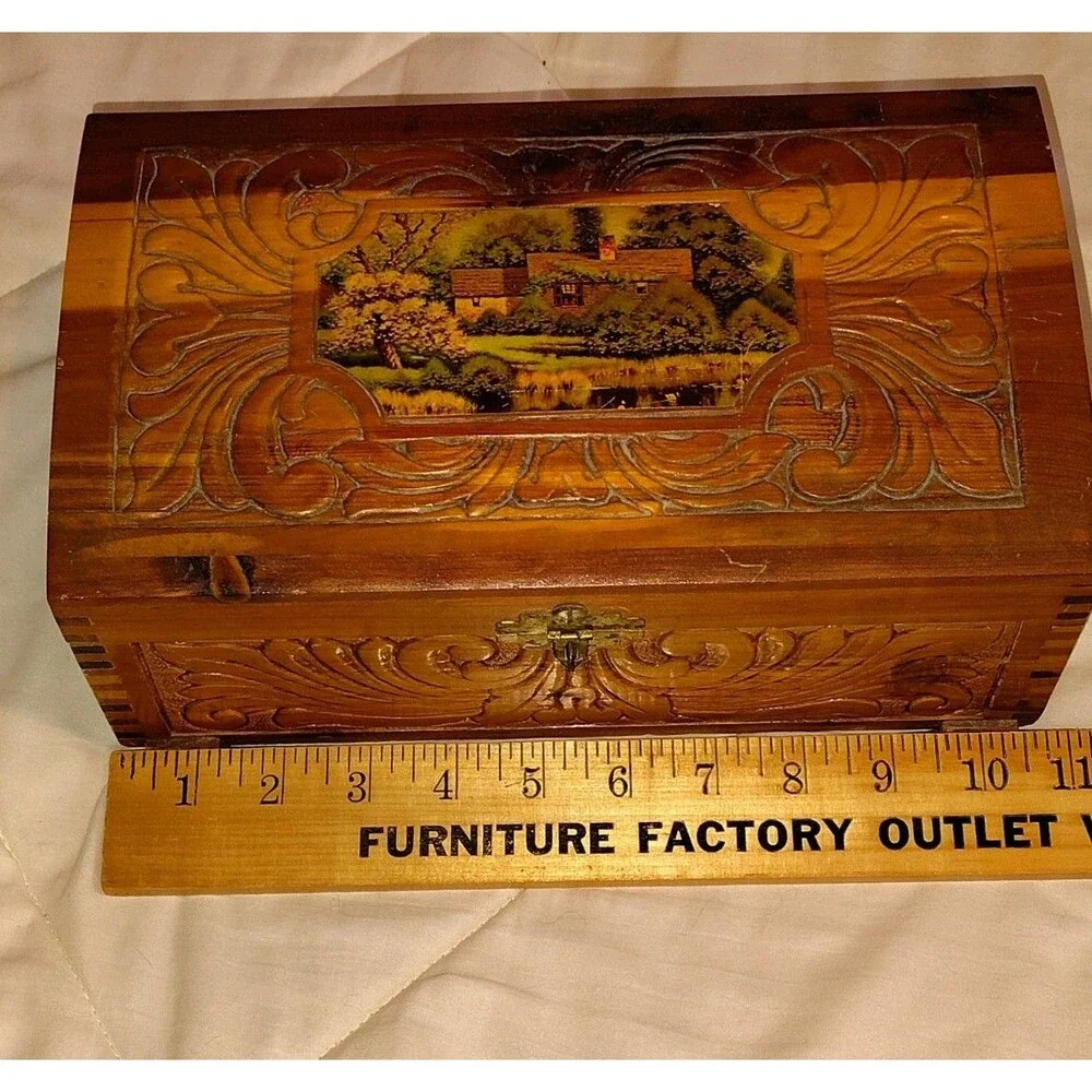 Vintage Mid-Century Carved Cedar Jewelry Box with Cottage Scene Interior Mirror